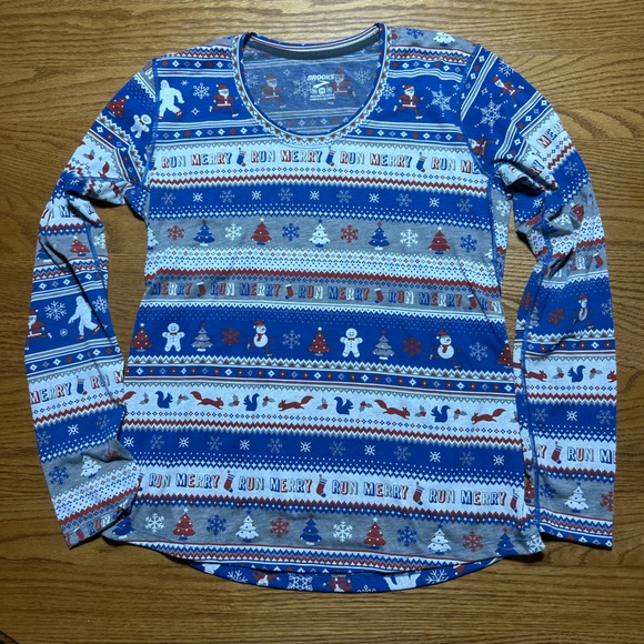Brooks Tops - Women’s Brooks Festive Holiday Running Shirt Blue with Print Size Medium